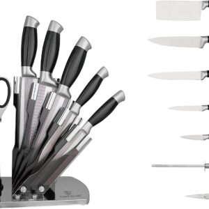 Fini Cutlery 8 Piece Knives Set with Block for Kitchen - Forged German Steel, Hand Sharpened, Patented Short Handle Design